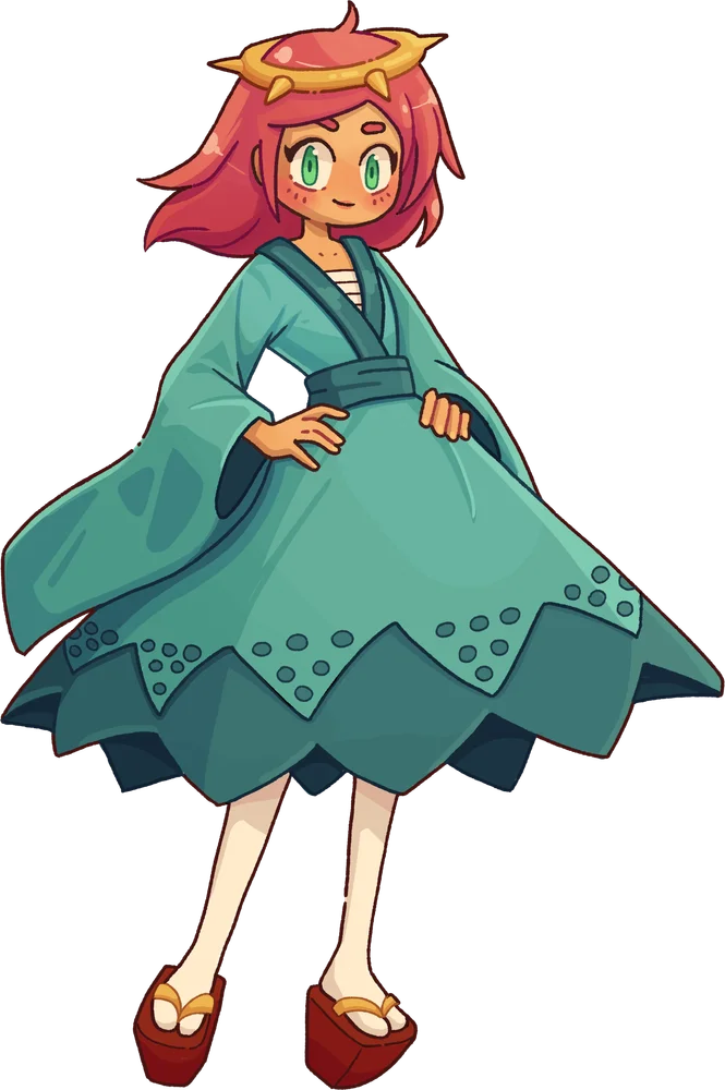 Amaterasu, the sun goddess, smiling in her teal kimono.