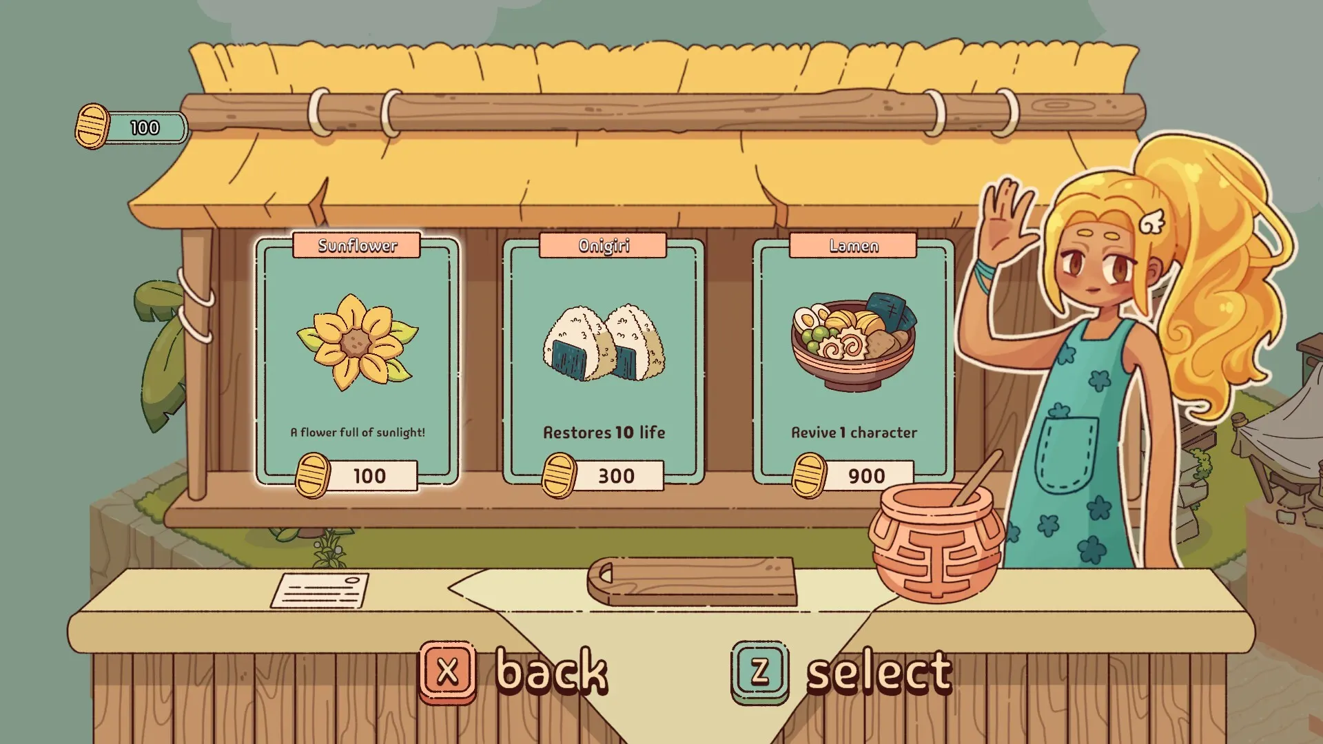 An island food stall where a vendor sells dishes that restore health and revive party members.