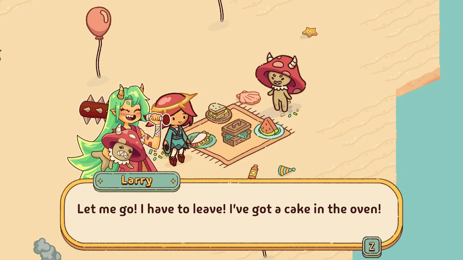 A voiced conversation on the beach: Larry begs to be let go, his line shown in the subtitle box.