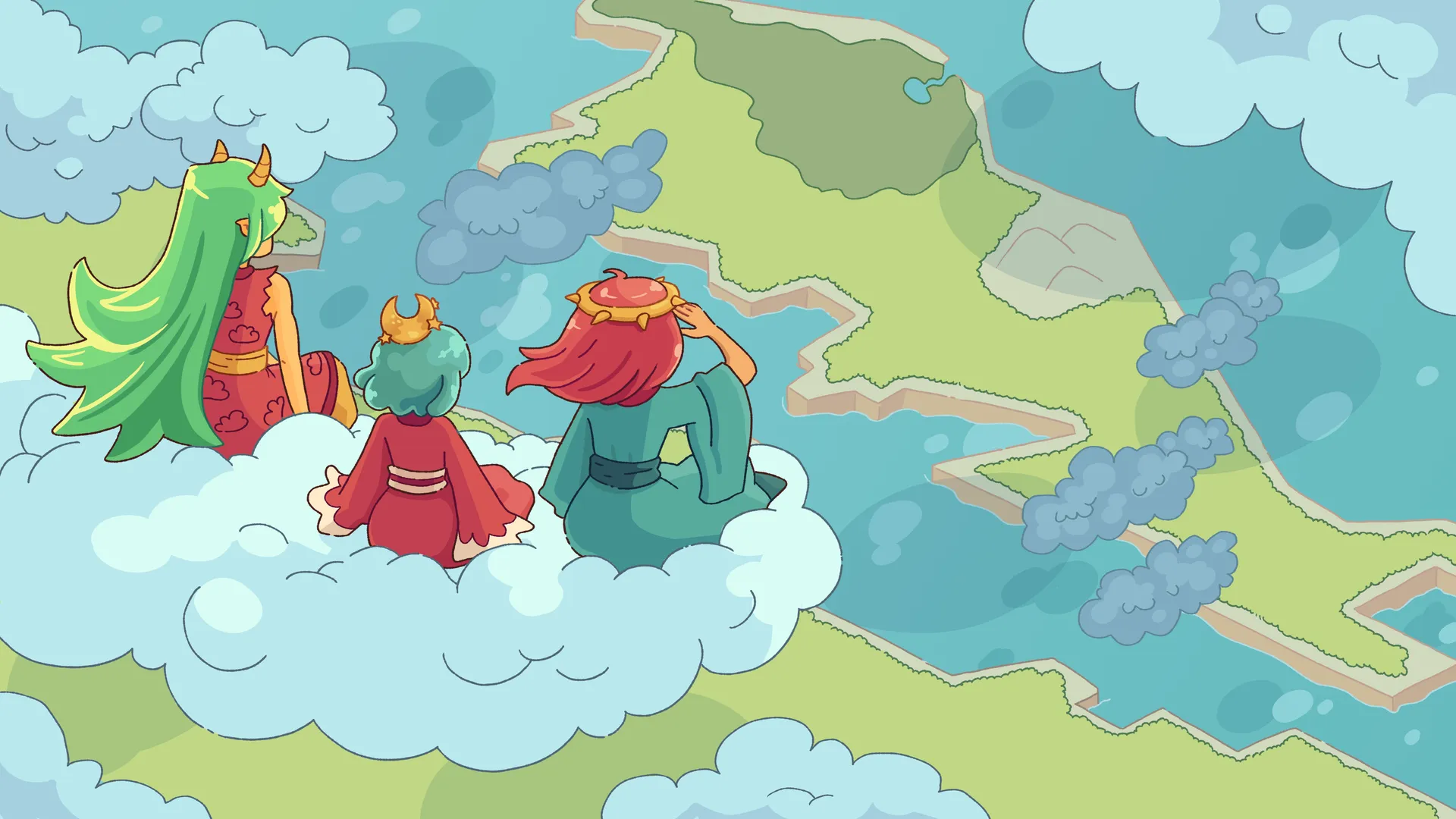 Amaterasu and her sisters sit on a cloud in a cutscene, looking down over the island and its bays.