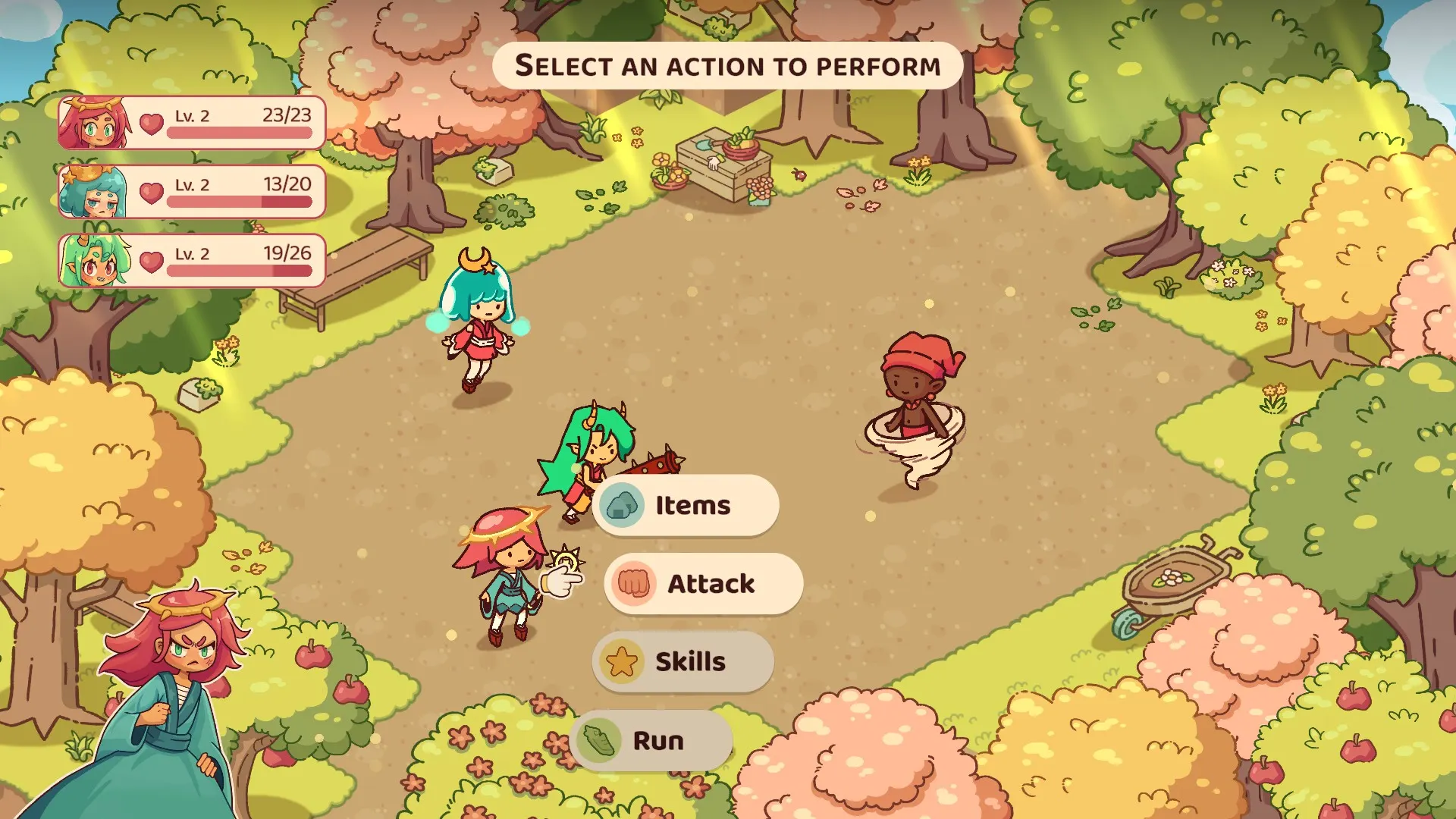 A turn-based battle against Saci in a blossoming orchard, with the Items, Attack, Skills, and Run menu open.