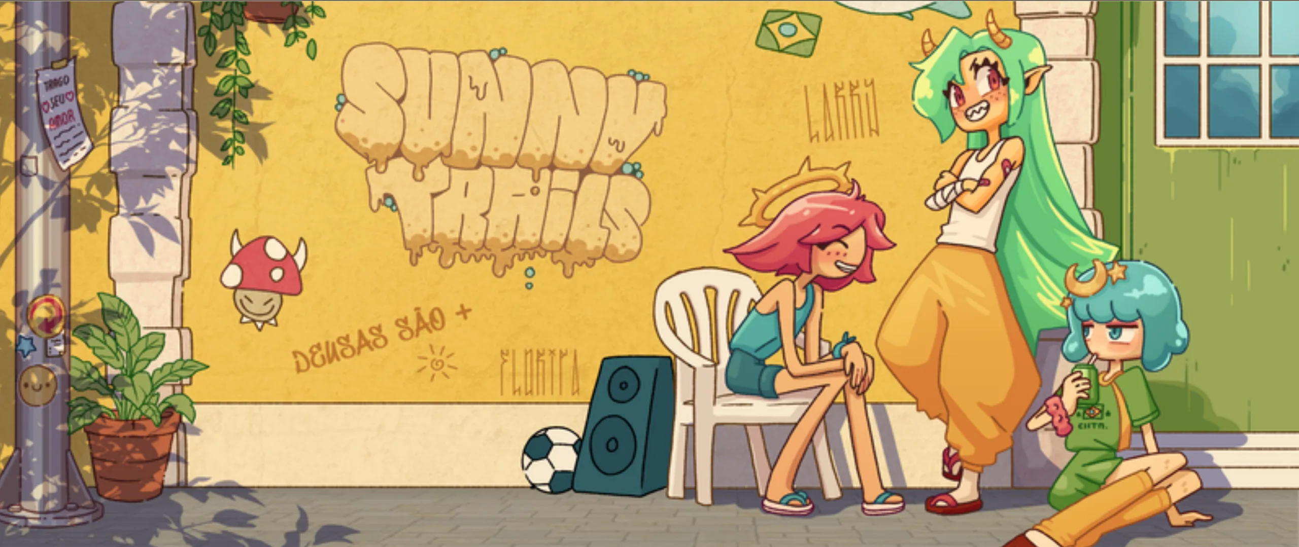 Mural-style key art: the three goddesses hang out on a village sidewalk beside a Sunny Trails graffiti wall.